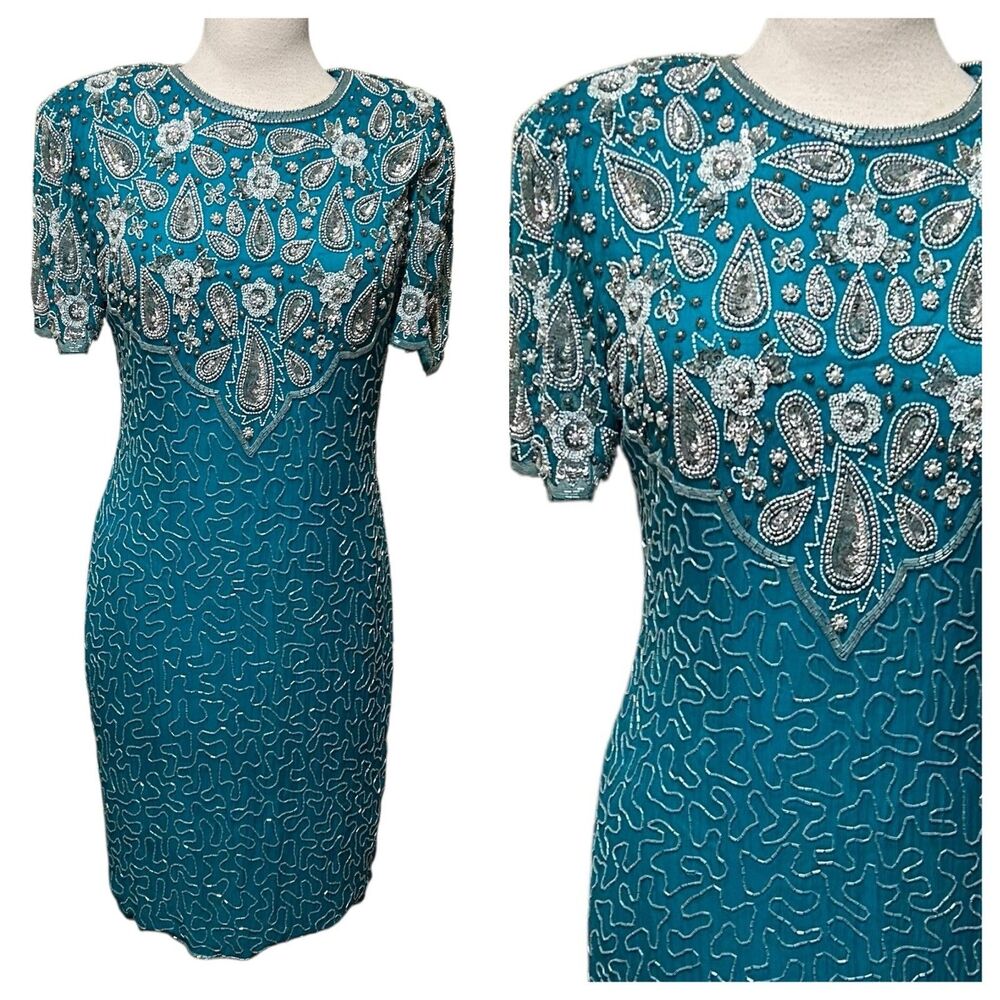 NWT Vintage Laurence Kazar Teal Beaded Dress - Large